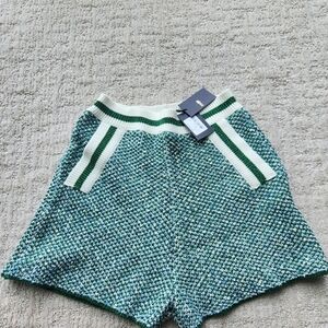 Maje Green Tweed High-Waist Knit Shorts with Striped Waistband